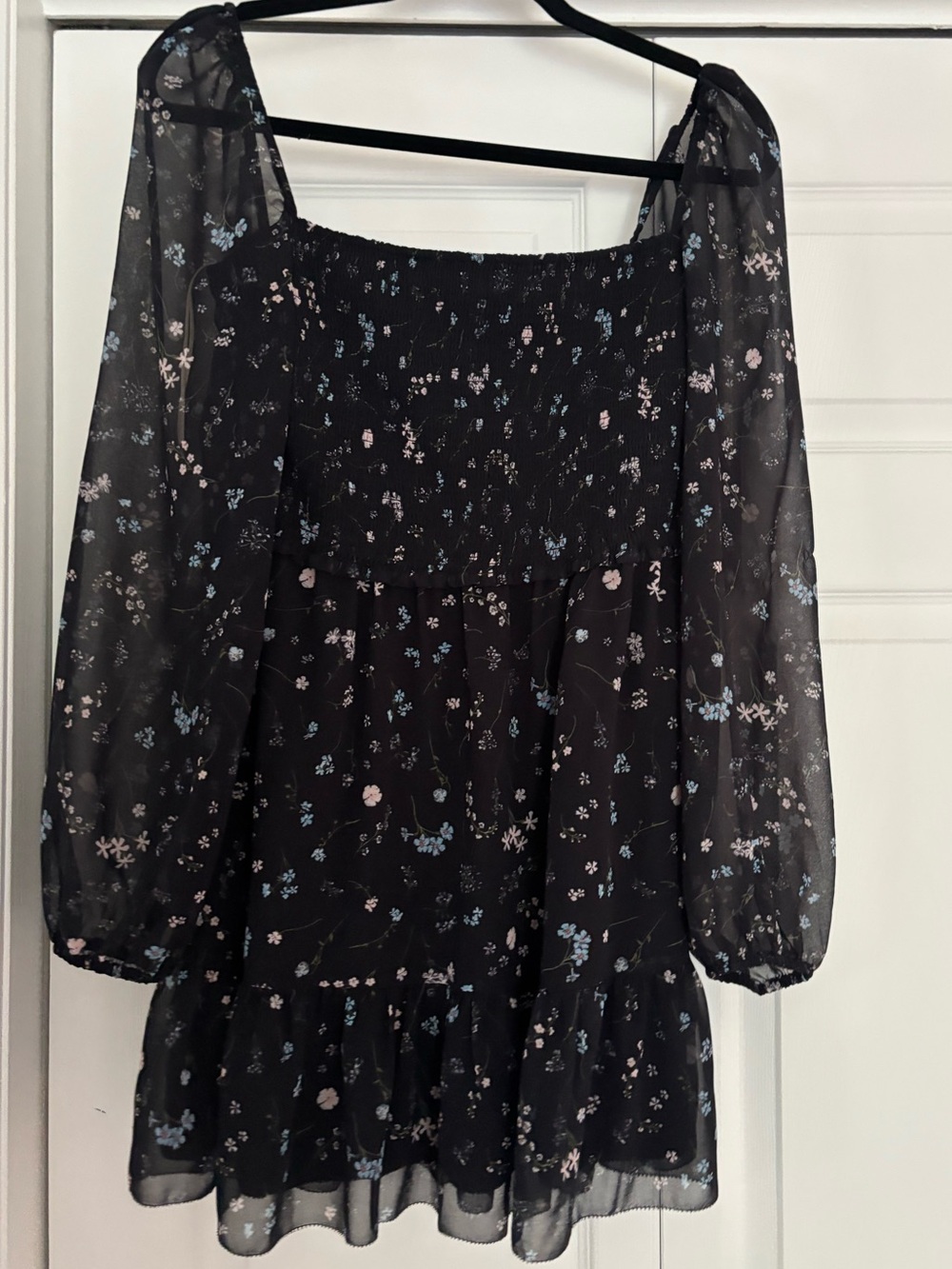 Wilfred Black Floral Mini Dress with Blue and Pink Accents